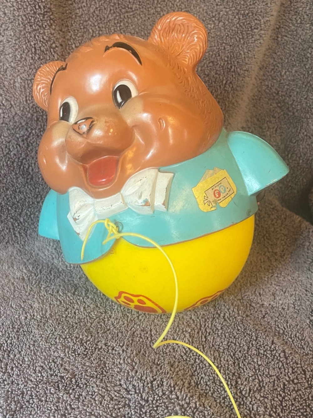 Vintage 1969 Fisher Price 9” Chubby Cub Chime Roly Poly Bear Pull Toy 1960s
